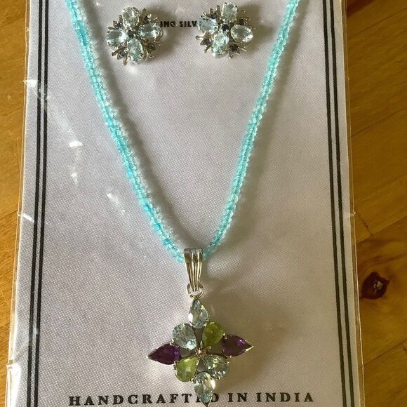 𝅺STERLING SILVER 925 BLUE TOPAZ AMETHYST PERIDOT NECKLACE/EARRINGS SET​​ - Picture 1 of 10